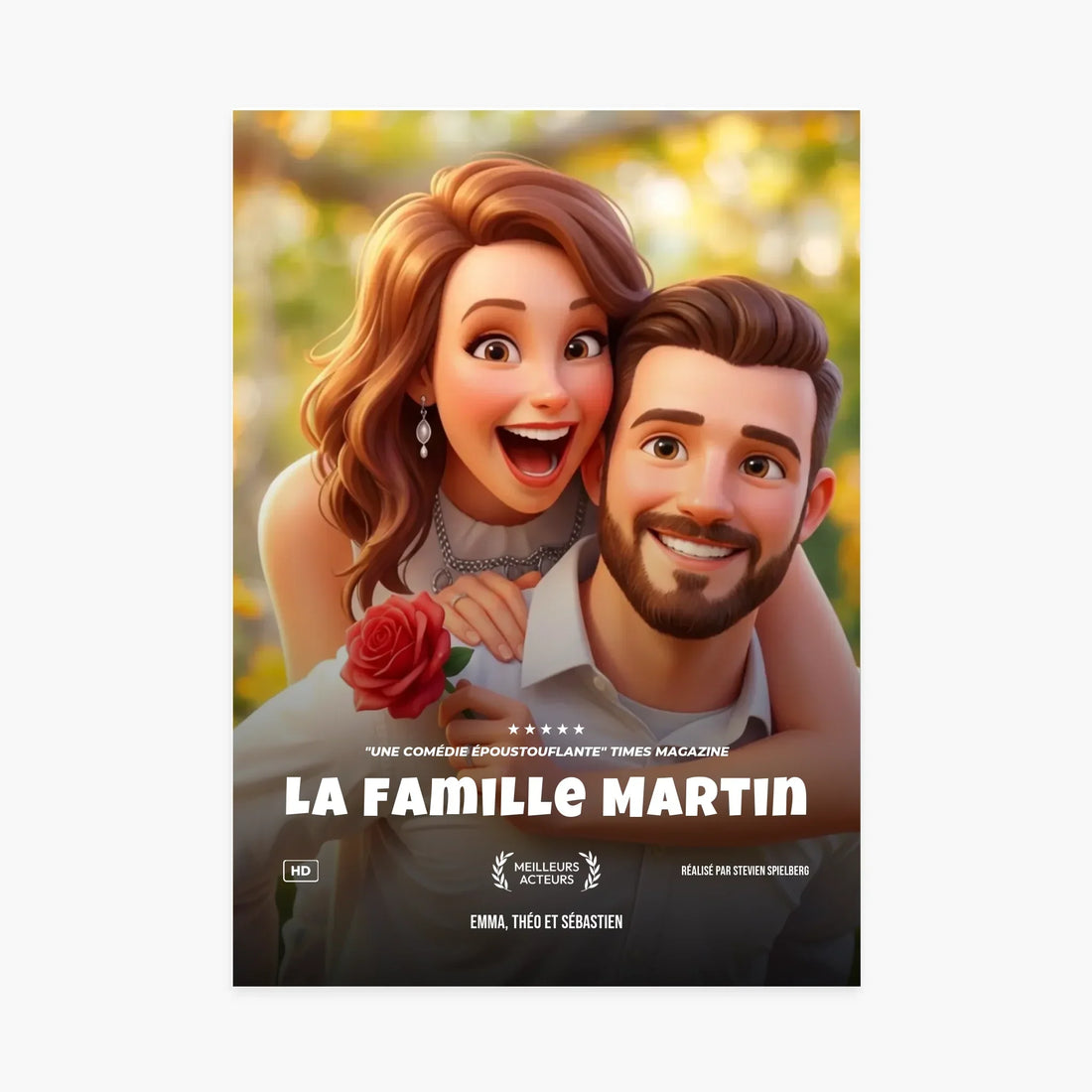 Affiche personnalisée style dessin animé, couple souriant avec rose, texte La Famille Martin.