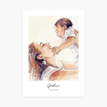 Affiche personnalisée naissance - Illustration aquarelle, votre photo en dessin