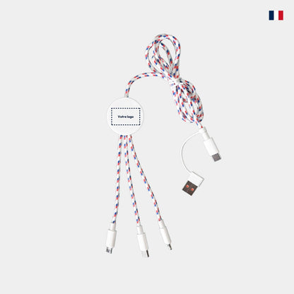 Câble chargeur multi-connecteurs tressé bleu blanc rouge personnalisable avec logo