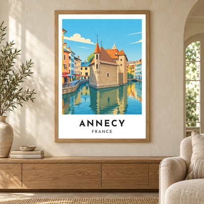 Affiche Annecy – Le Palais de l’Île et le Thiou – mise en situation dans un intérieur, cadre selon l’option choisie