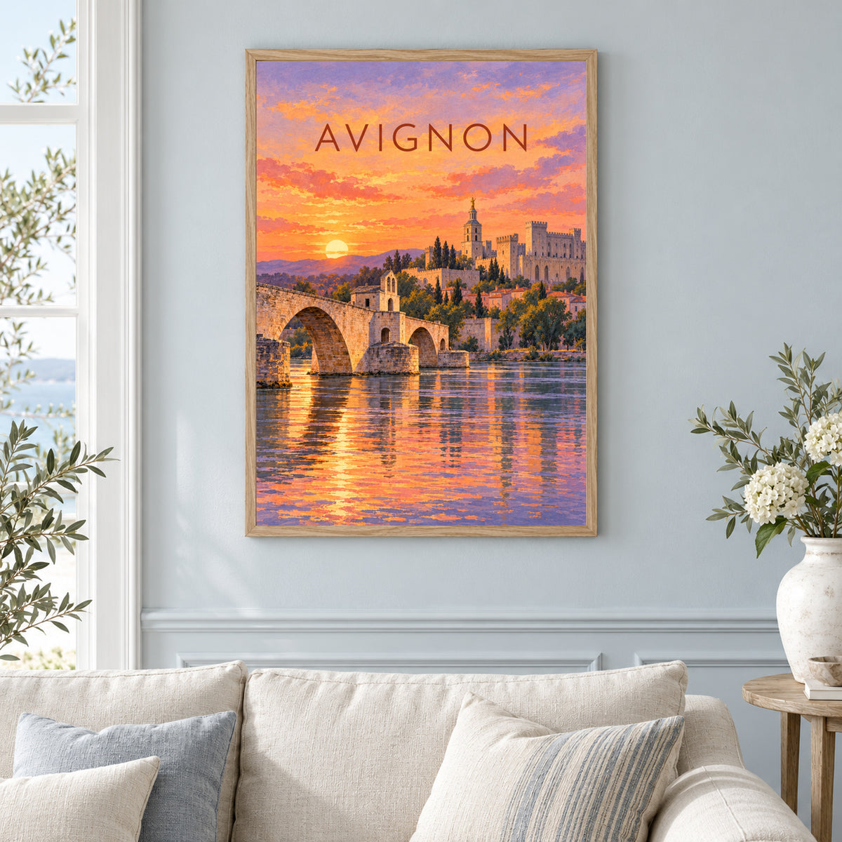 Affiche Avignon – Le pont et le palais – mise en situation dans un salon, cadre vendu selon l’option choisie