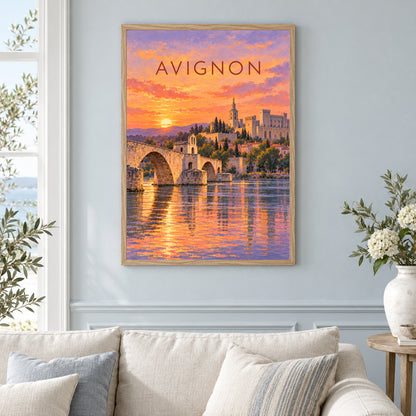 Affiche Avignon – Le pont et le palais – mise en situation dans un salon, cadre vendu selon l’option choisie