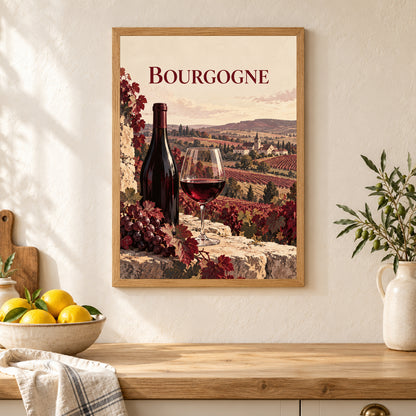 Affiche Bourgogne – Vin et vignobles – mise en situation dans une cuisine, cadre vendu selon l’option choisie