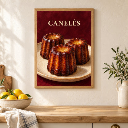 Affiche Canelés – Gourmandise bordelaise – mise en situation dans une cuisine, cadre vendu selon l’option choisie