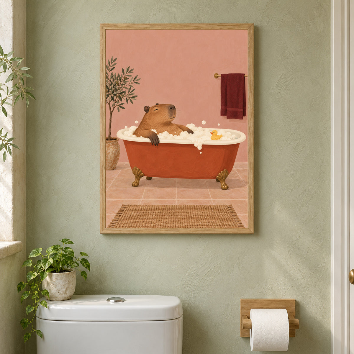 Affiche capybara au bain – Déco salle de bain — mise en situation