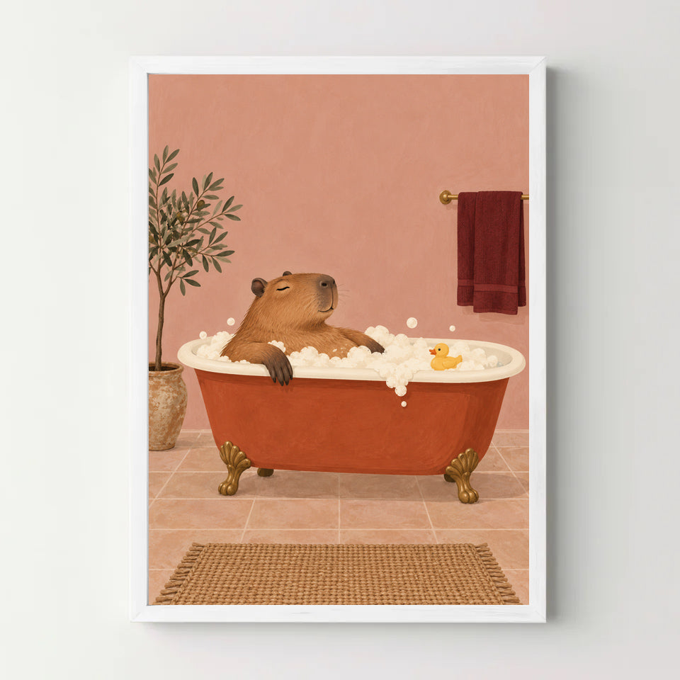 Affiche capybara au bain – Déco salle de bain — cadre blanc