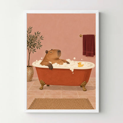 Affiche capybara au bain – Déco salle de bain — cadre blanc