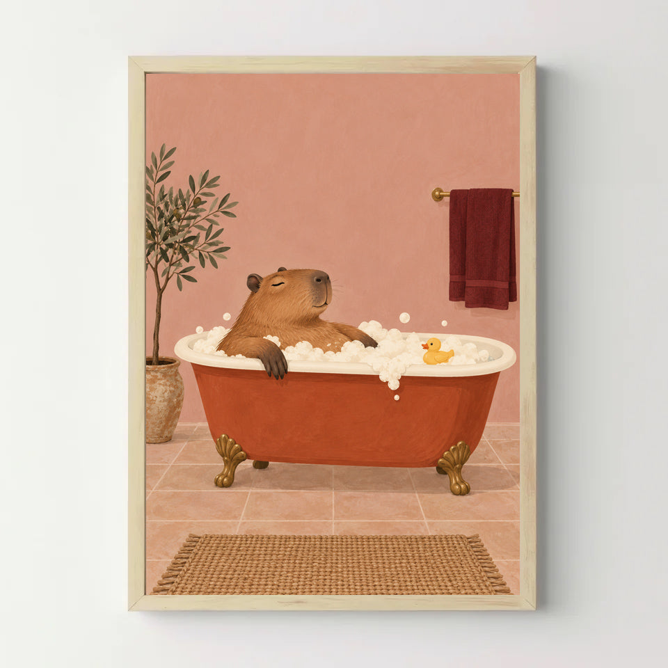 Affiche capybara au bain – Déco salle de bain — cadre bois