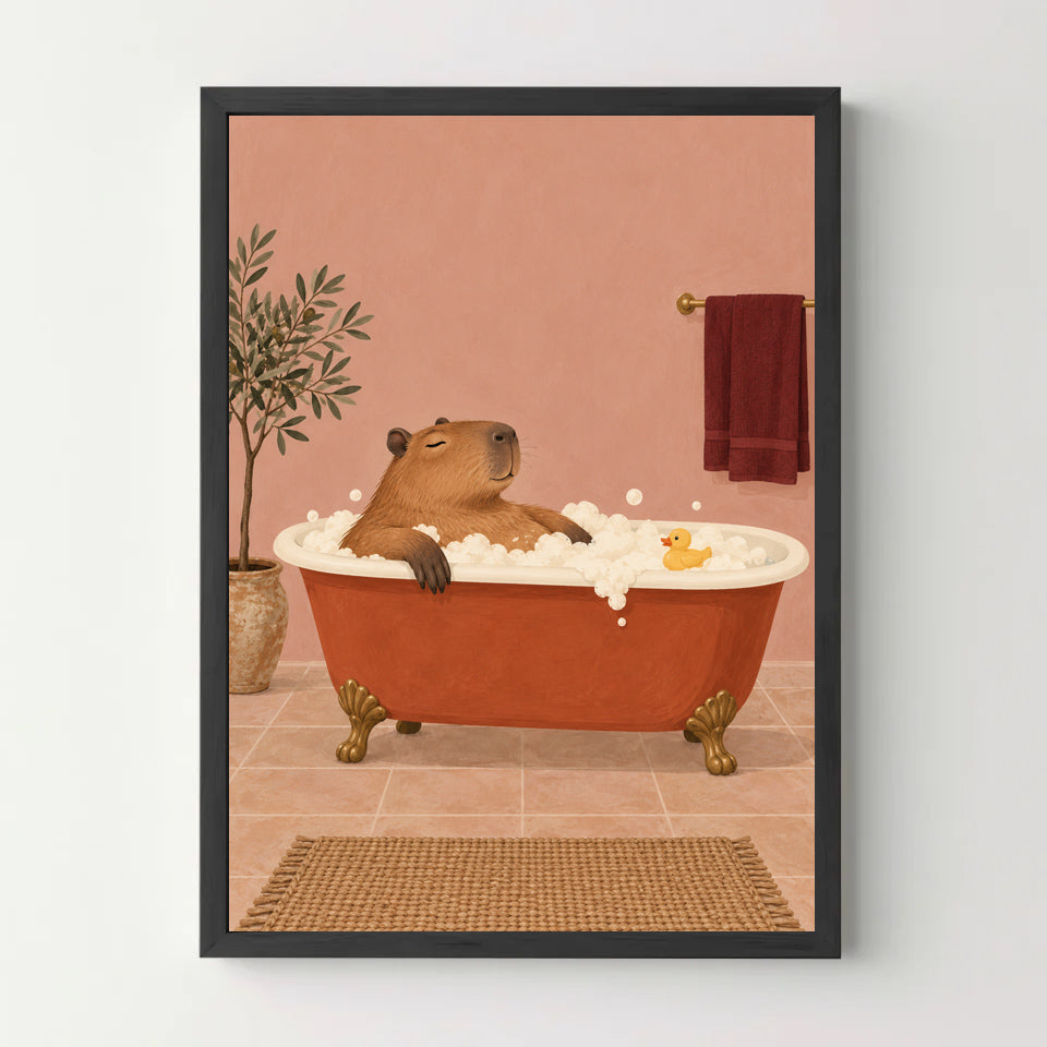 Affiche capybara au bain – Déco salle de bain — cadre noir