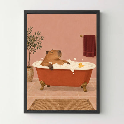 Affiche capybara au bain – Déco salle de bain — cadre noir
