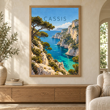Affiche Cassis – Les calanques – mise en situation dans un salon, cadre vendu selon l’option choisie