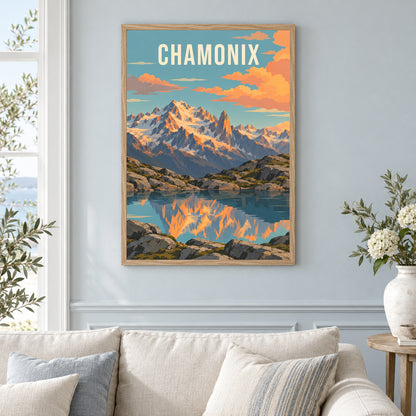 Affiche paysage - Chamonix, les reflets du Lac Blanc – mise en situation dans un salon, cadre vendu selon l’option choisie