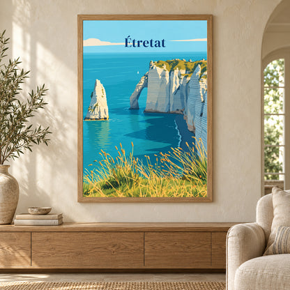 Affiche paysage - Étretat, l’arche et l’aiguille – mise en situation dans un salon, cadre vendu selon l’option choisie