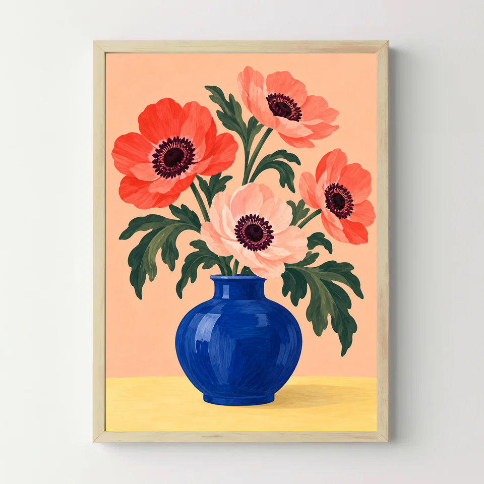 Affiche fleurs – Anémones corail et vase bleu — cadre bois