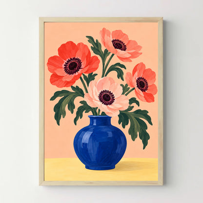 Affiche fleurs – Anémones corail et vase bleu — cadre bois