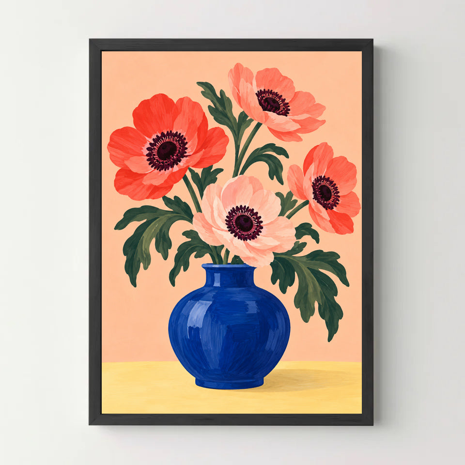 Affiche fleurs – Anémones corail et vase bleu — cadre noir