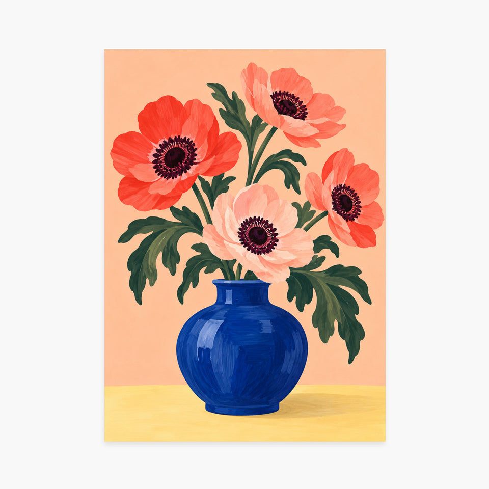 Affiche fleurs – Anémones corail et vase bleu — sans cadre