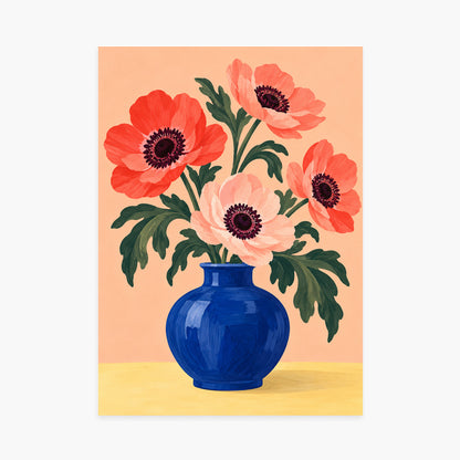 Affiche fleurs – Anémones corail et vase bleu — sans cadre