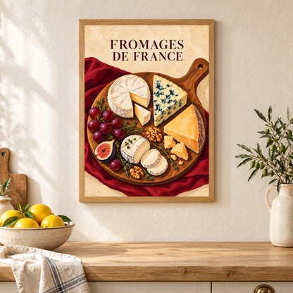 Affiche France – Fromages – mise en situation dans une cuisine, cadre vendu selon l’option choisie