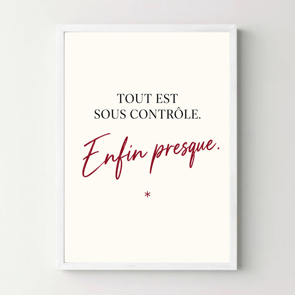Affiche humour – Tout est sous contrôle, enfin presque — cadre blanc