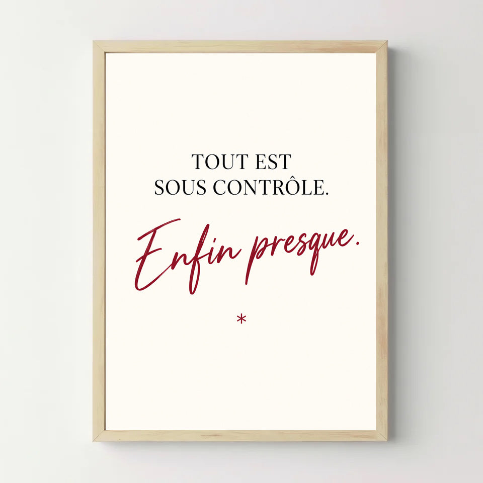 Affiche humour – Tout est sous contrôle, enfin presque — cadre bois