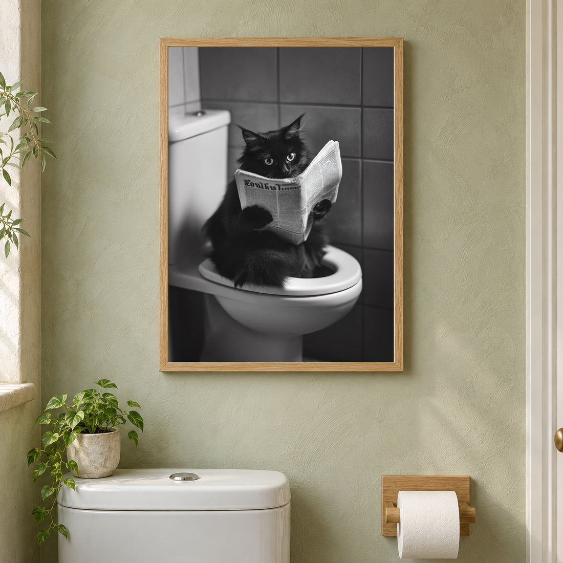 Affiche Humour WC - Chat aux toilettes – mise en situation dans des toilettes, cadre vendu selon l’option choisie