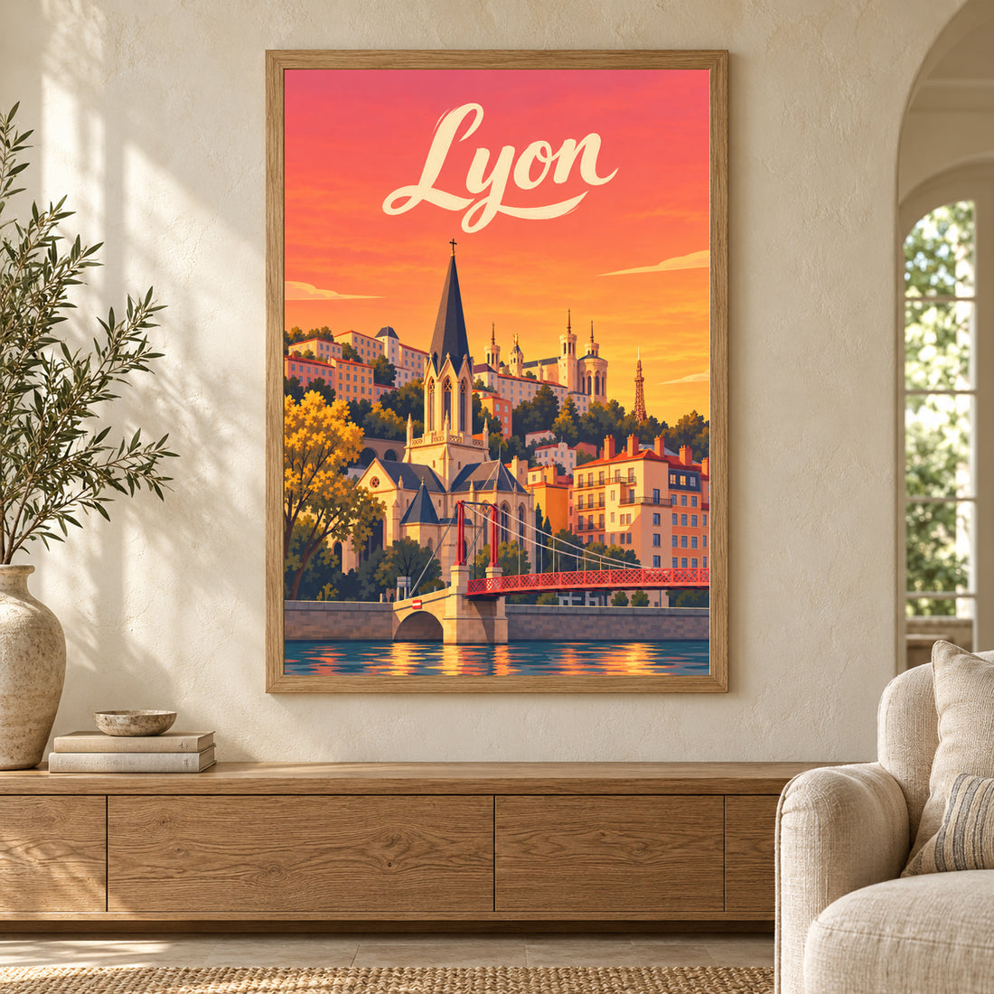 Affiche Lyon – Reflets du soir sur la Saône – mise en situation dans un intérieur, cadre selon l’option choisie
