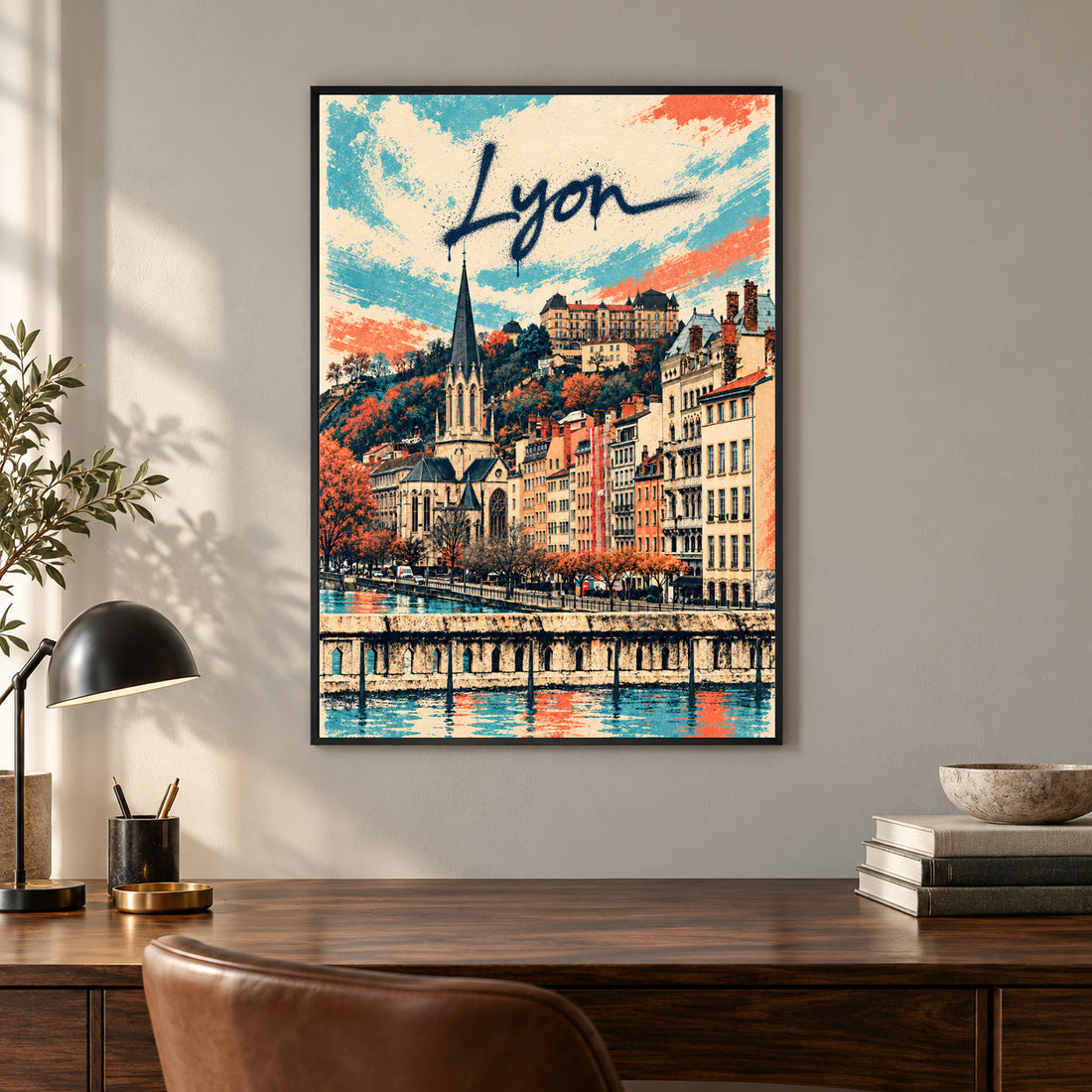 Affiche Lyon – Les quais en street art – mise en situation dans un intérieur, cadre selon l’option choisie