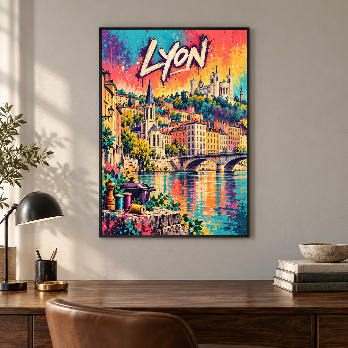 Affiche Lyon – Vieux Lyon en street art – mise en situation dans un bureau, cadre vendu selon l’option choisie