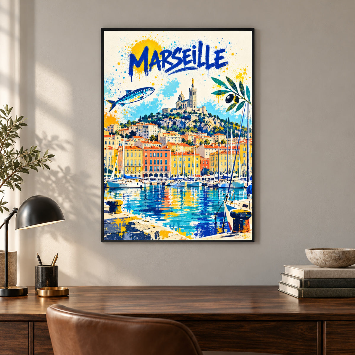 Affiche Marseille – Vieux-Port en street art – mise en situation dans un bureau, cadre vendu selon l’option choisie