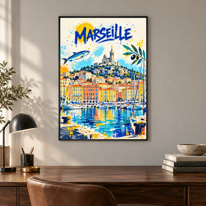 Affiche Marseille – Vieux-Port en street art – mise en situation dans un bureau, cadre vendu selon l’option choisie