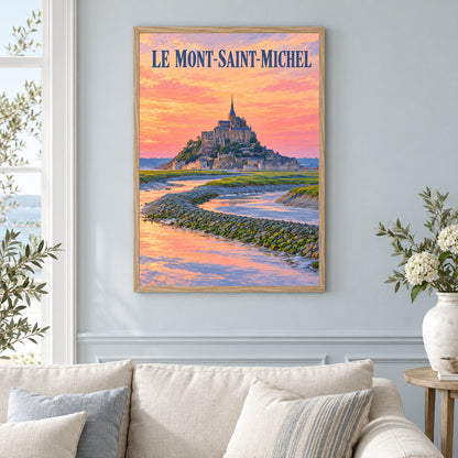 Affiche Mont-Saint-Michel – La baie et ses reflets – mise en situation dans un intérieur, cadre selon l’option choisie