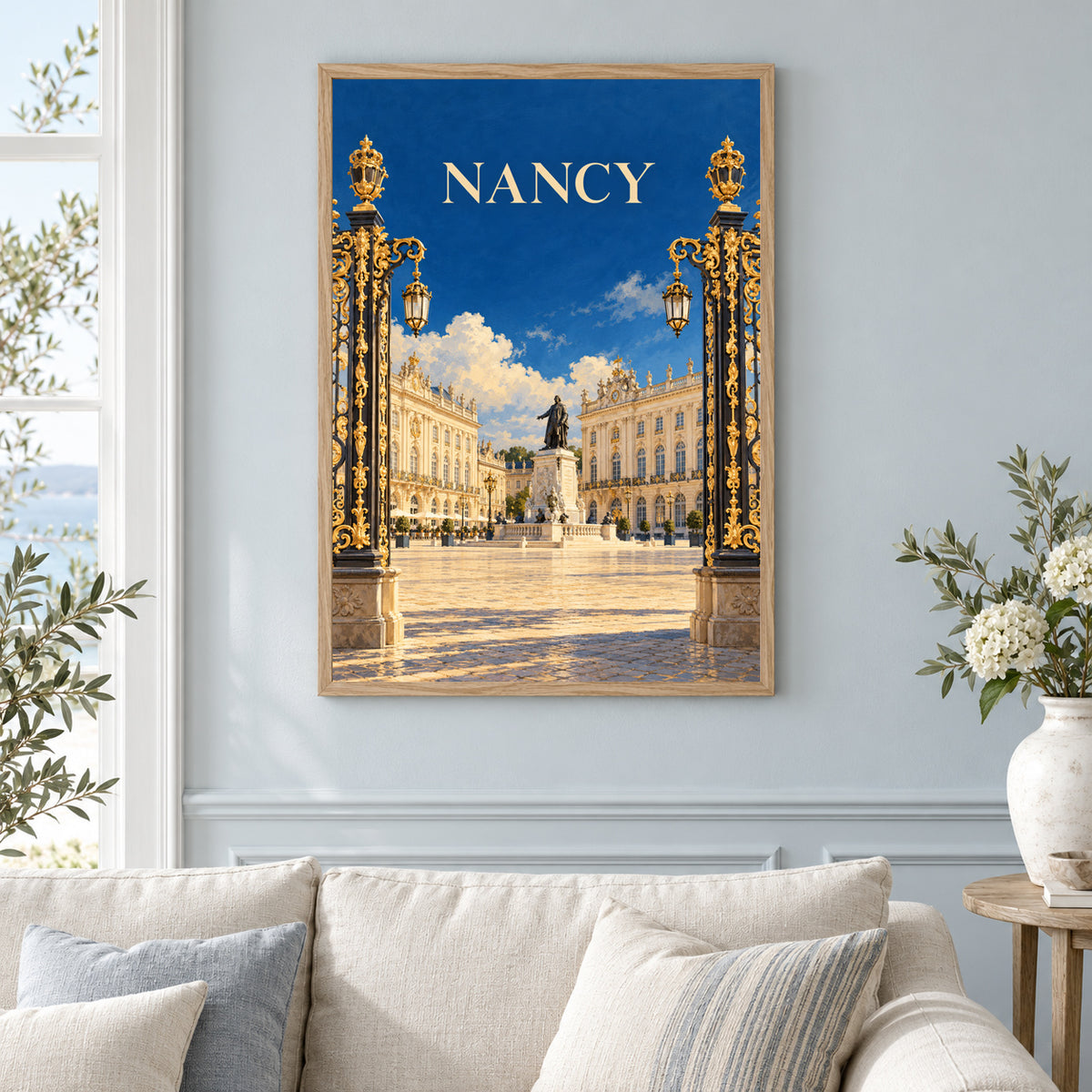 Affiche Nancy – Place Stanislas – mise en situation dans un salon, cadre vendu selon l’option choisie