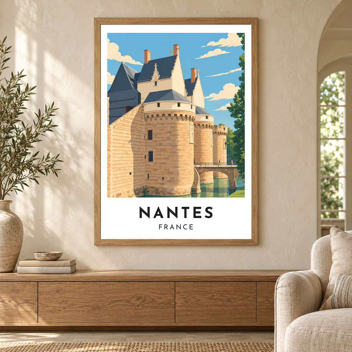 Affiche Nantes – Le château des ducs de Bretagne – mise en situation dans un intérieur, cadre selon l’option choisie