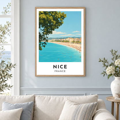 Affiche Nice – La baie des Anges – mise en situation dans un intérieur, cadre selon l’option choisie