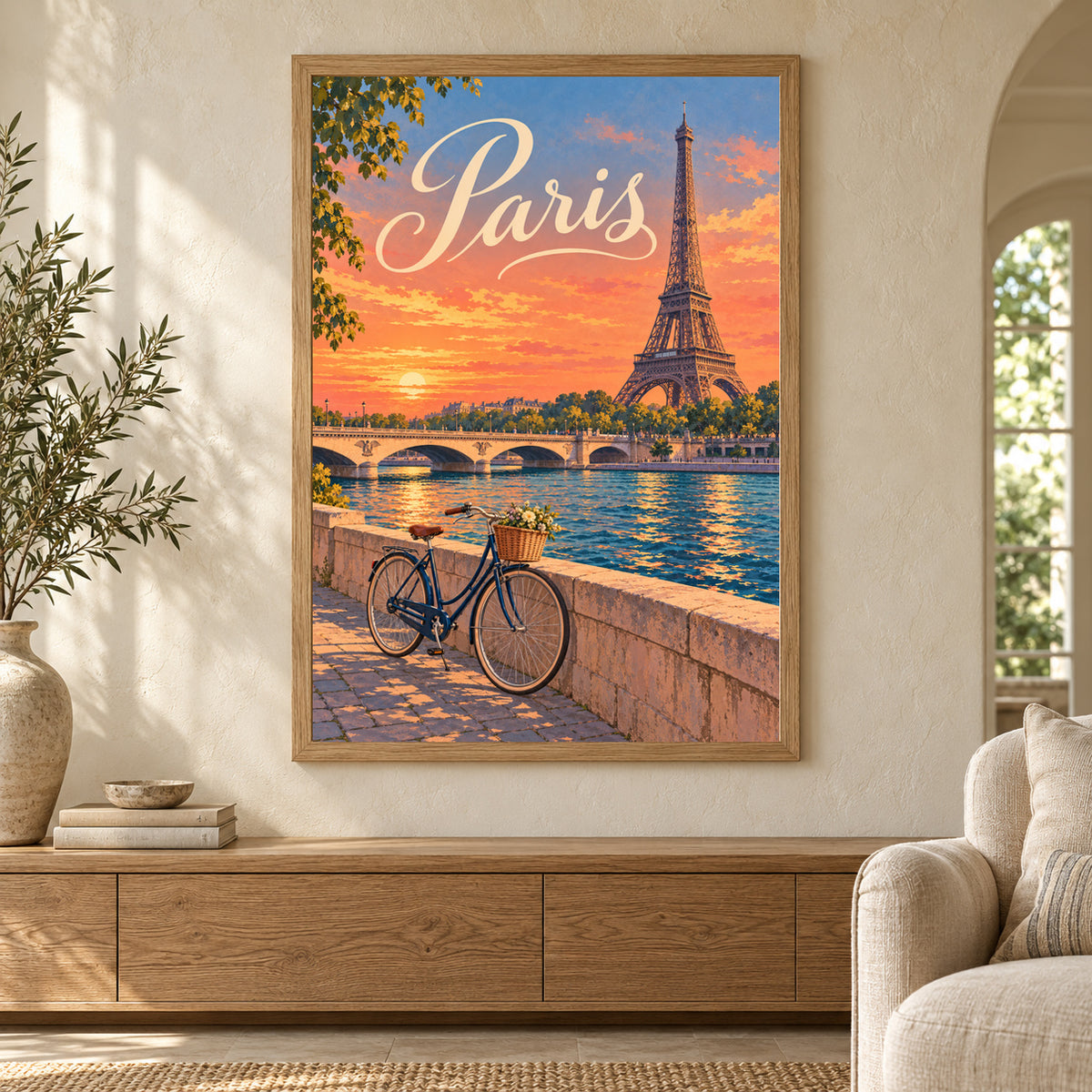 Affiche Paris – Ciel corail et balade sur la Seine – mise en situation dans un salon, cadre vendu selon l’option choisie