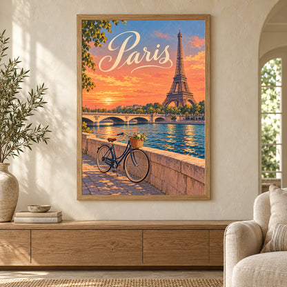 Affiche Paris – Ciel corail et balade sur la Seine – mise en situation dans un salon, cadre vendu selon l’option choisie