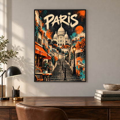 Affiche Paris – Montmartre en street art – mise en situation dans un bureau, cadre vendu selon l’option choisie