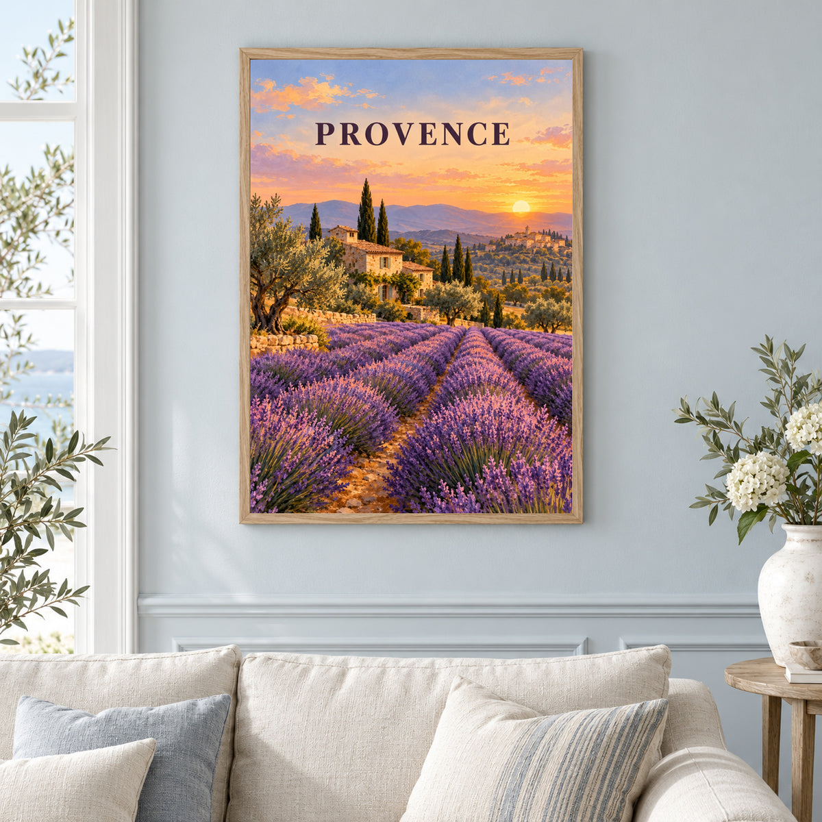 Affiche Provence – Champs de lavande – mise en situation dans un salon, cadre vendu selon l’option choisie