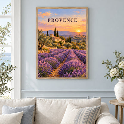 Affiche Provence – Champs de lavande – mise en situation dans un salon, cadre vendu selon l’option choisie