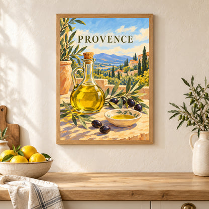 Affiche Provence – Huile d’olive – mise en situation dans une cuisine, cadre vendu selon l’option choisie