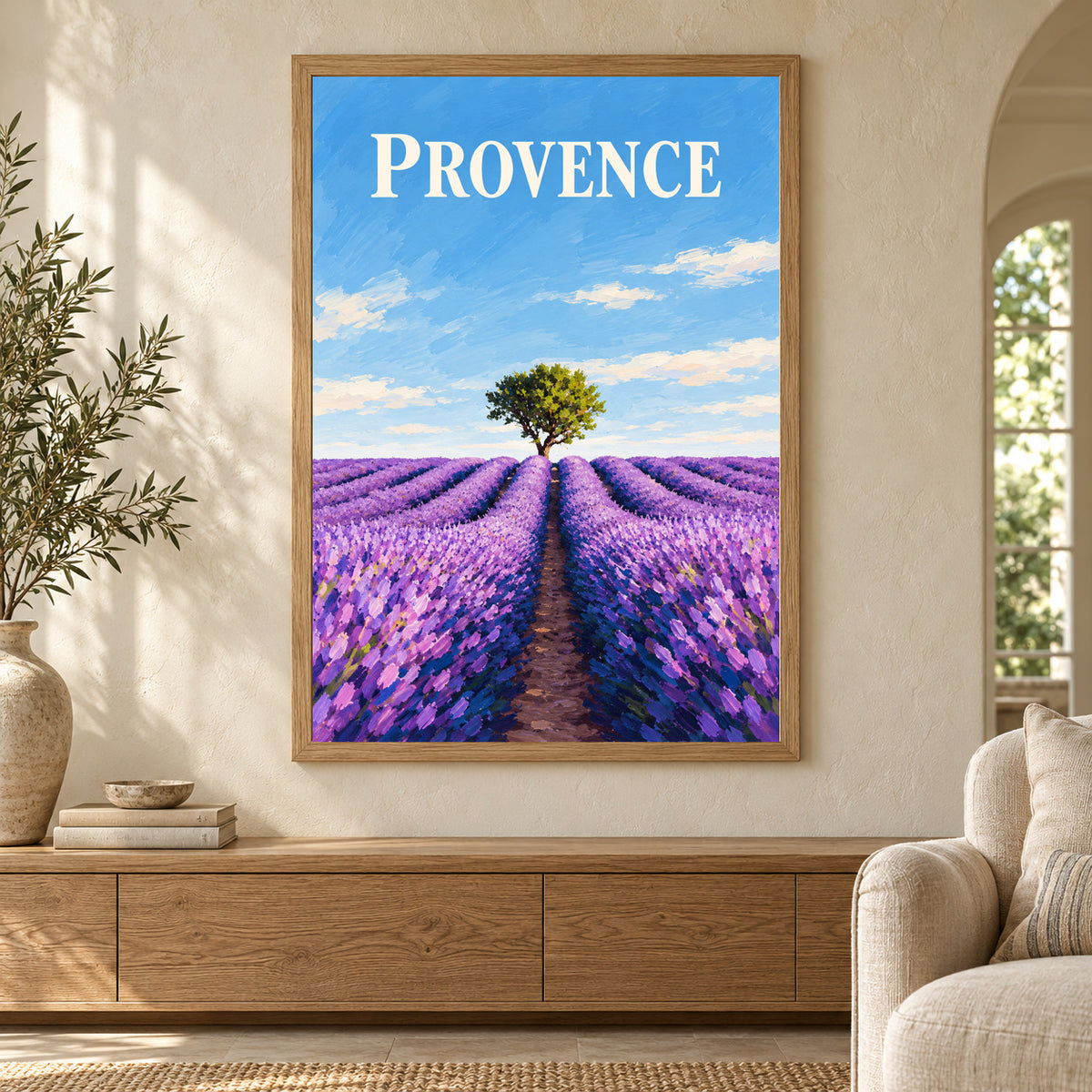 Affiche Provence – Lavandes et arbre solitaire – mise en situation dans un intérieur, cadre selon l’option choisie
