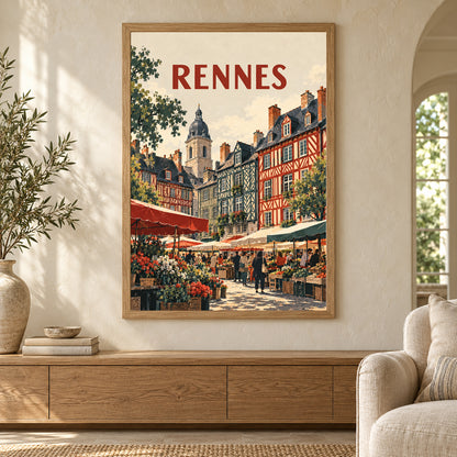Affiche Rennes – Maisons à colombages – mise en situation dans un salon, cadre vendu selon l’option choisie
