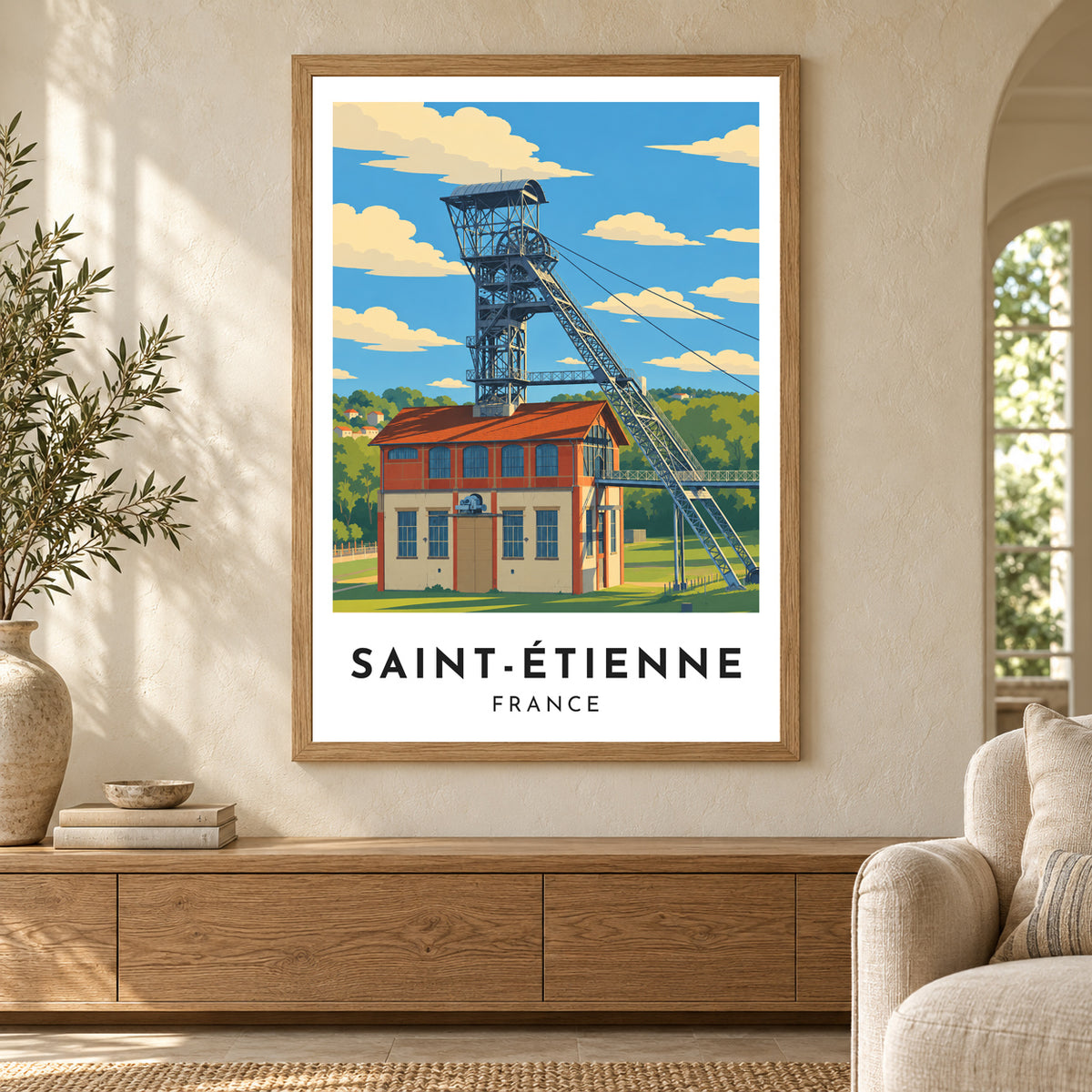 Affiche Saint-Étienne – Le Puits Couriot – mise en situation dans un intérieur, cadre selon l’option choisie