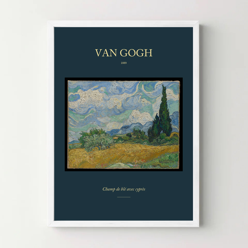 Affiche Van Gogh – Champ de blé avec cyprès — cadre blanc
