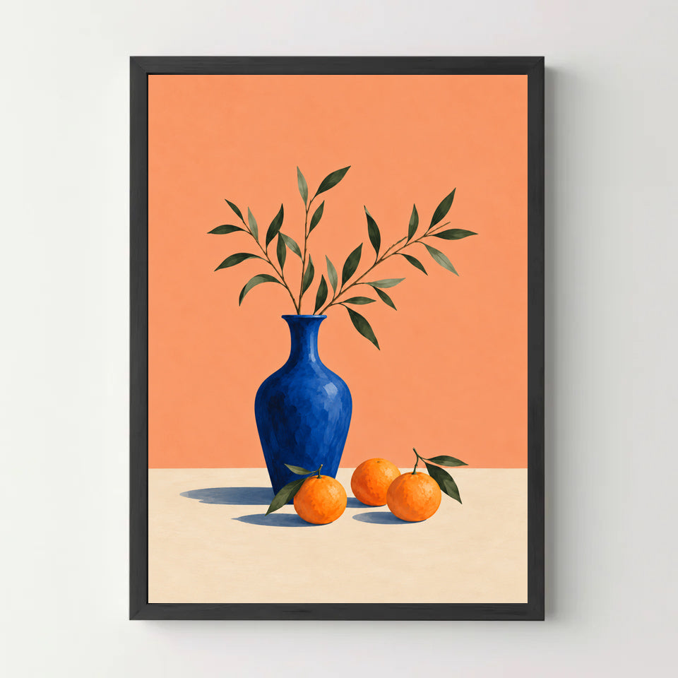 Affiche nature morte – Vase bleu et oranges — cadre noir