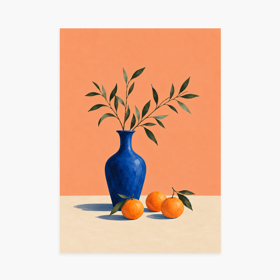 Affiche nature morte – Vase bleu et oranges — sans cadre