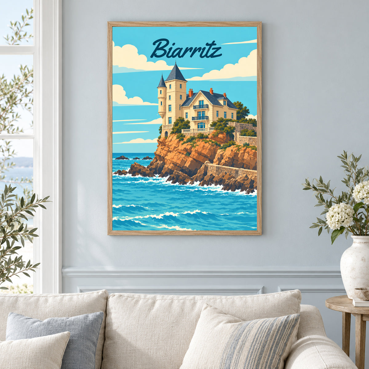 Affiche ville - Biarritz, la Villa Belza – mise en situation dans un salon, cadre vendu selon l’option choisie