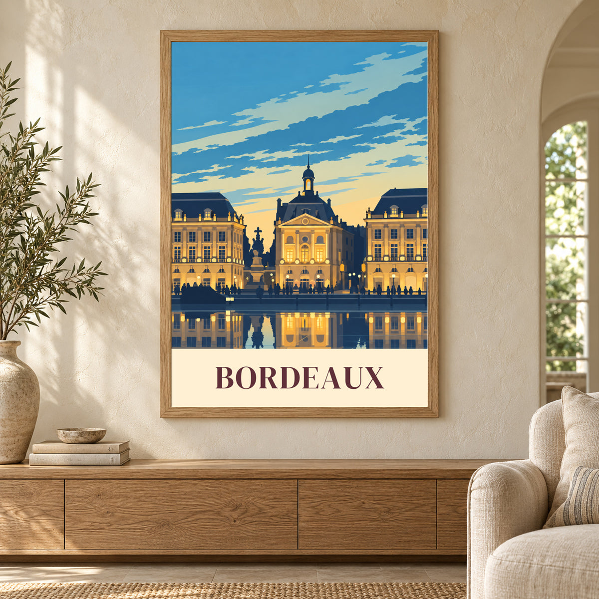 Affiche ville - Bordeaux, la place de la Bourse – mise en situation dans un salon, cadre vendu selon l’option choisie