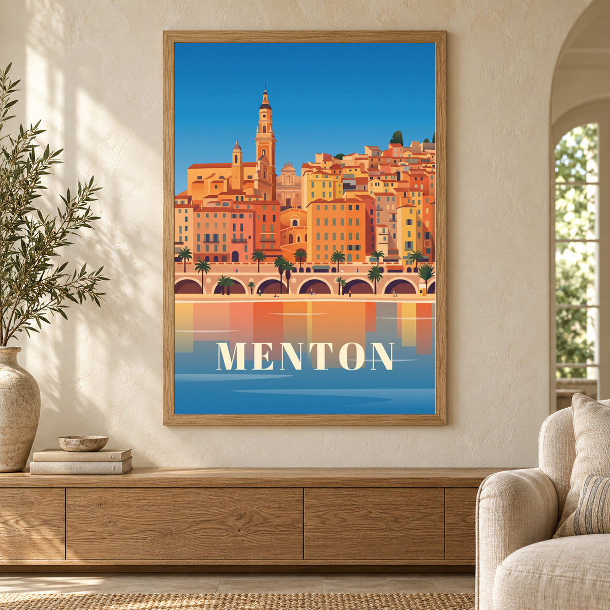 Affiche ville - Menton, les couleurs de la Côte d’Azur – mise en situation dans un salon, cadre vendu selon l’option choisie